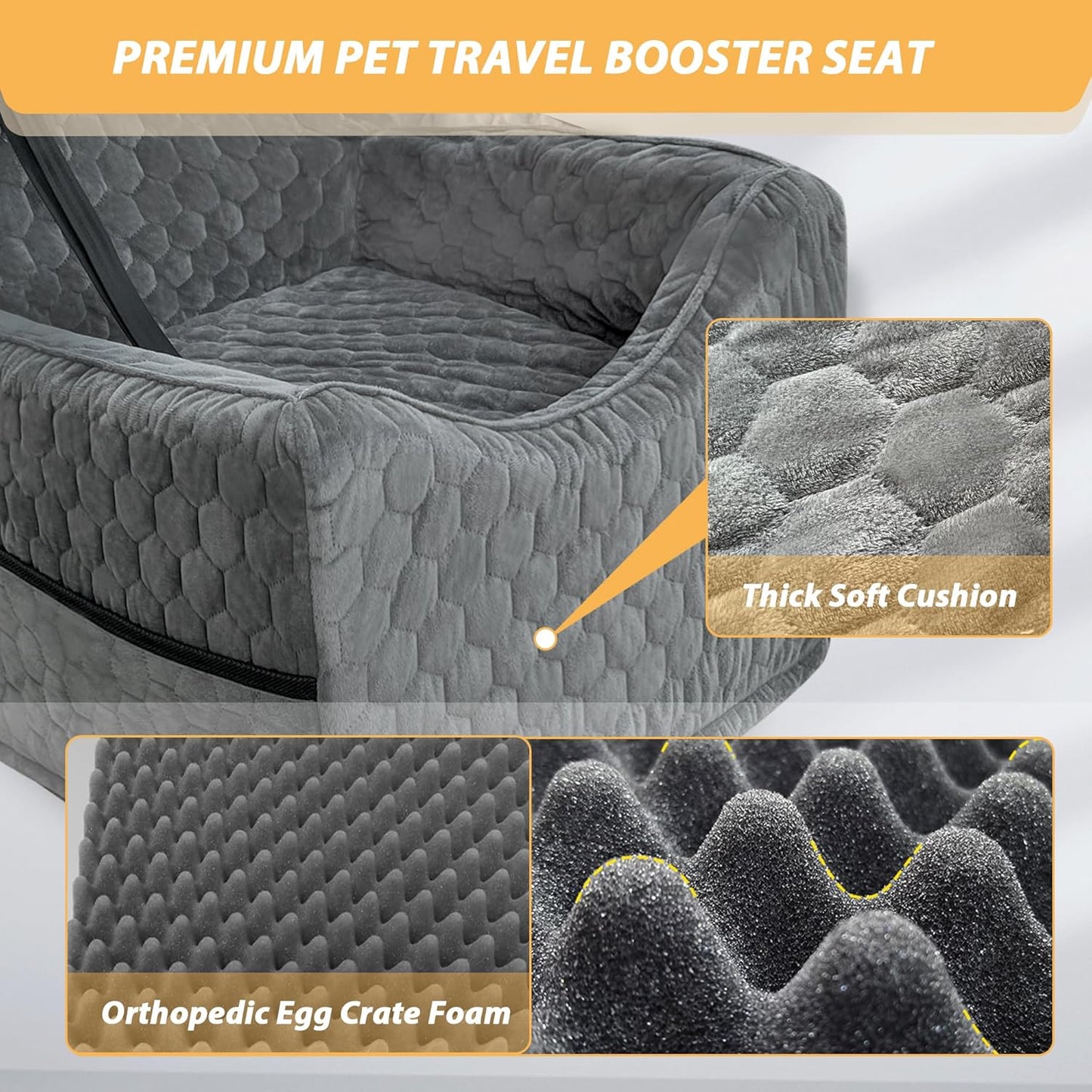 Dog Car Seat for Small/Medium Dogs, Memory Foam Dog Booster Seat, Travel Safety per Car Seat with Washable Removable Cover, Storage Pockets for Dogs up to 35 Lbs(Gray)