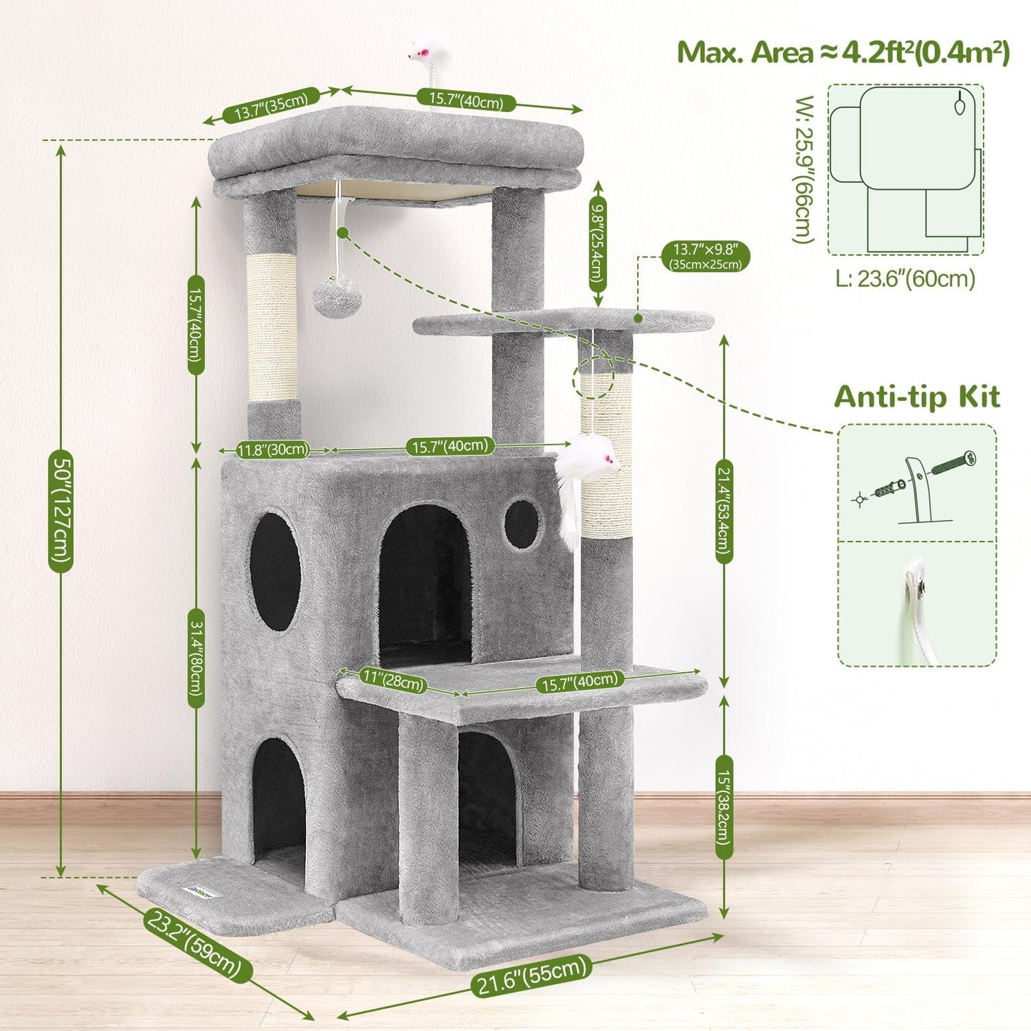 Cat Tree Tower for Indoor Cats, 50-Inch Adult Cat Tree House for Large Adult Cats with Steps, Scratching Post, 2 Cat Caves, Dangling Toys, FC50, Light Grey