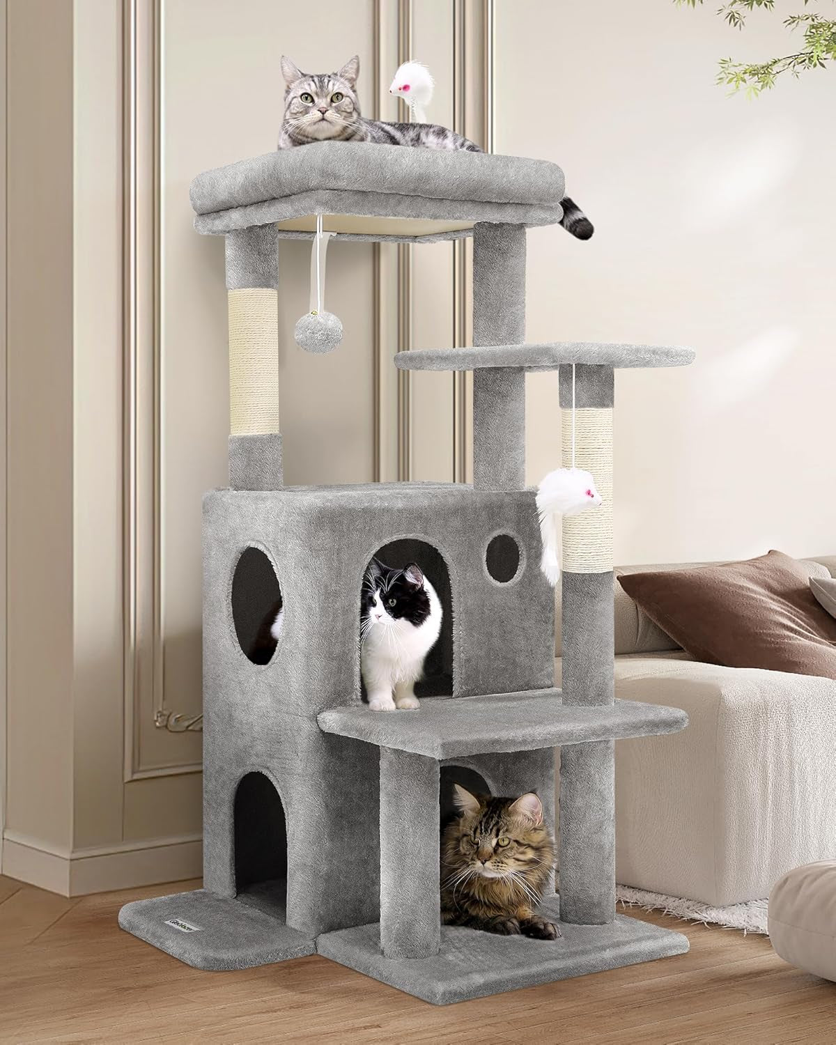 Cat Tree Tower for Indoor Cats, 50-Inch Adult Cat Tree House for Large Adult Cats with Steps, Scratching Post, 2 Cat Caves, Dangling Toys, FC50, Light Grey