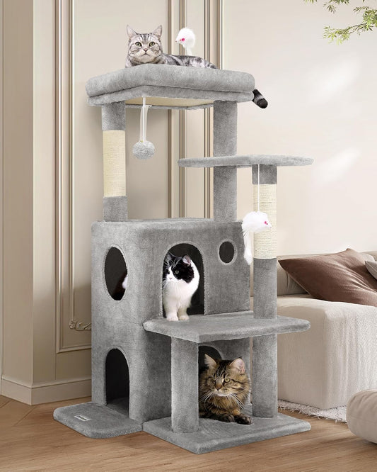 Cat Tree Tower for Indoor Cats, 50-Inch Adult Cat Tree House for Large Adult Cats with Steps, Scratching Post, 2 Cat Caves, Dangling Toys, FC50, Light Grey