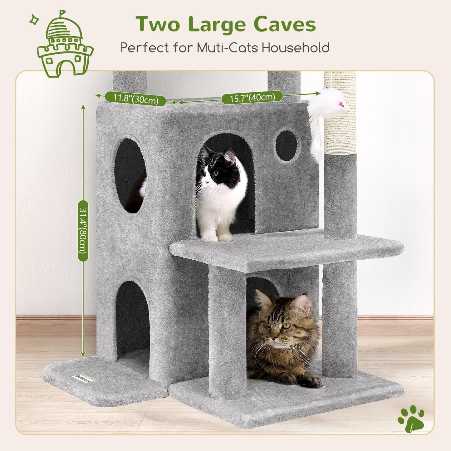 Cat Tree Tower for Indoor Cats, 50-Inch Adult Cat Tree House for Large Adult Cats with Steps, Scratching Post, 2 Cat Caves, Dangling Toys, FC50, Light Grey