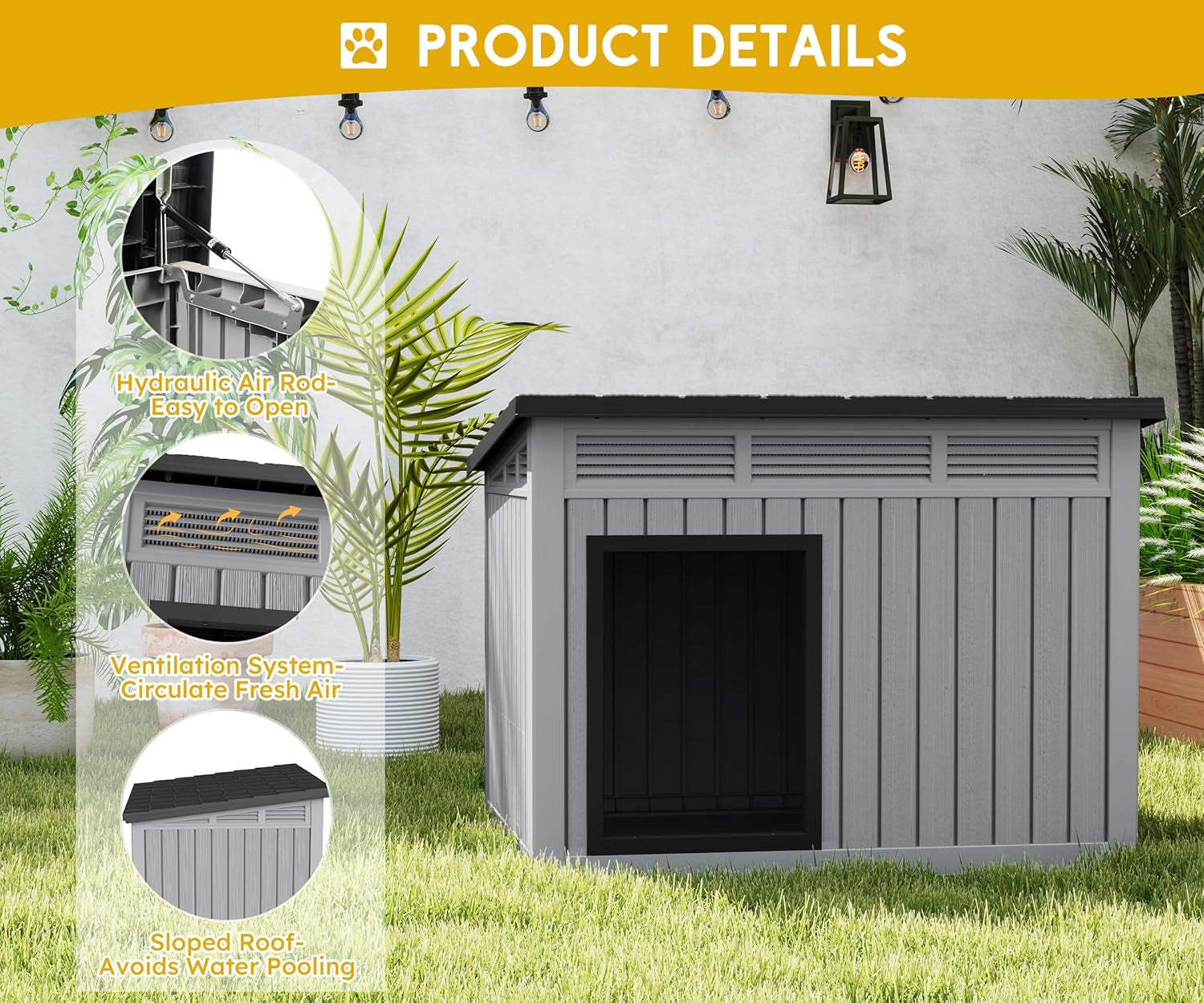 Large Dog House for Indoor & Outdoor - Weatherproof & Removable Roof, Fits Small to Large Dogs (42.8" L X 33" W X 31.5" H) - Grey