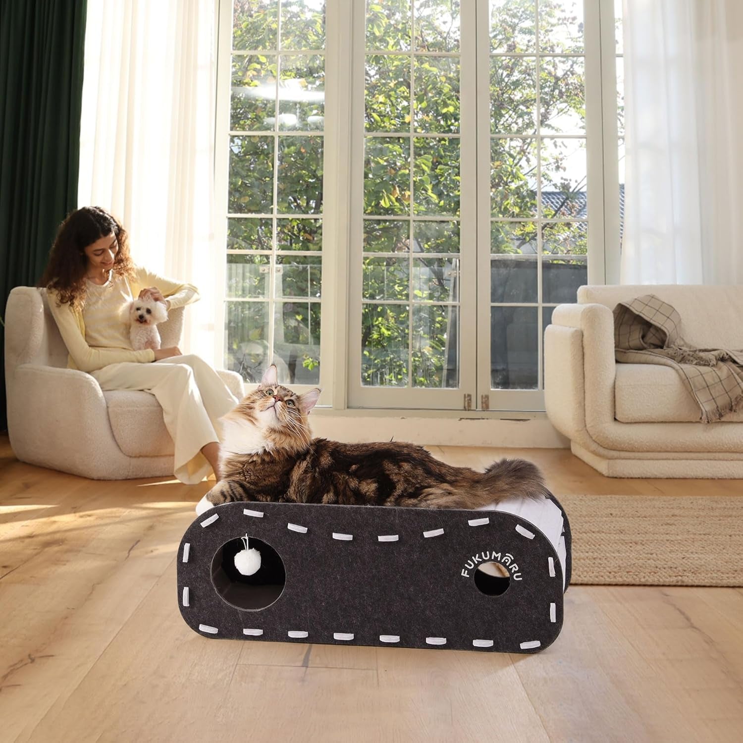 Cat Beds for Indoor Pets, 31.5 Inches Extra-Large Cat Cave for Multi-Pet, Cozy House with Fluffy Ball Hanging, Scratch Resistant Felt Kitten Hideaway Bed, Feline Tunnel, Grey