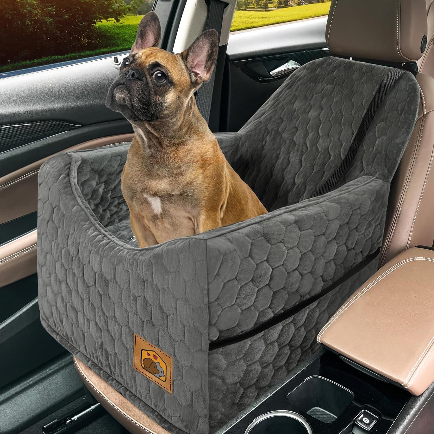 Dog Car Seat for Small/Medium Dogs, Memory Foam Dog Booster Seat, Travel Safety per Car Seat with Washable Removable Cover, Storage Pockets for Dogs up to 35 Lbs(Gray)