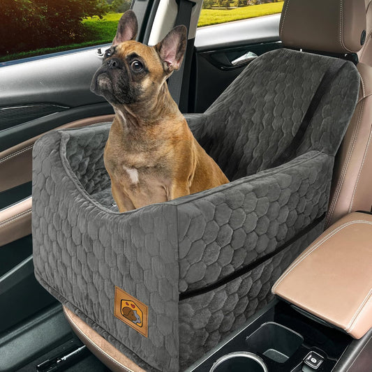 Dog Car Seat for Small/Medium Dogs, Memory Foam Dog Booster Seat, Travel Safety per Car Seat with Washable Removable Cover, Storage Pockets for Dogs up to 35 Lbs(Gray)