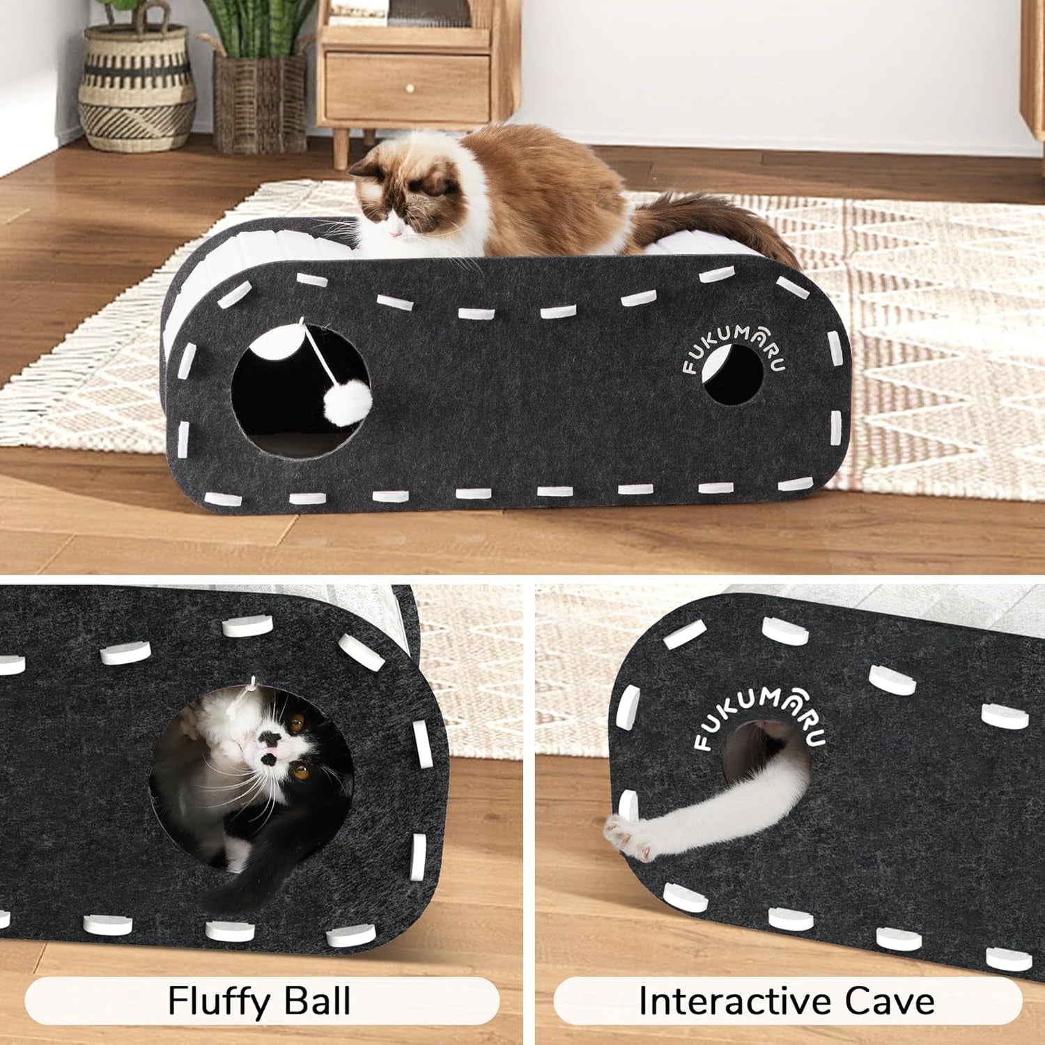 Cat Beds for Indoor Pets, 31.5 Inches Extra-Large Cat Cave for Multi-Pet, Cozy House with Fluffy Ball Hanging, Scratch Resistant Felt Kitten Hideaway Bed, Feline Tunnel, Grey