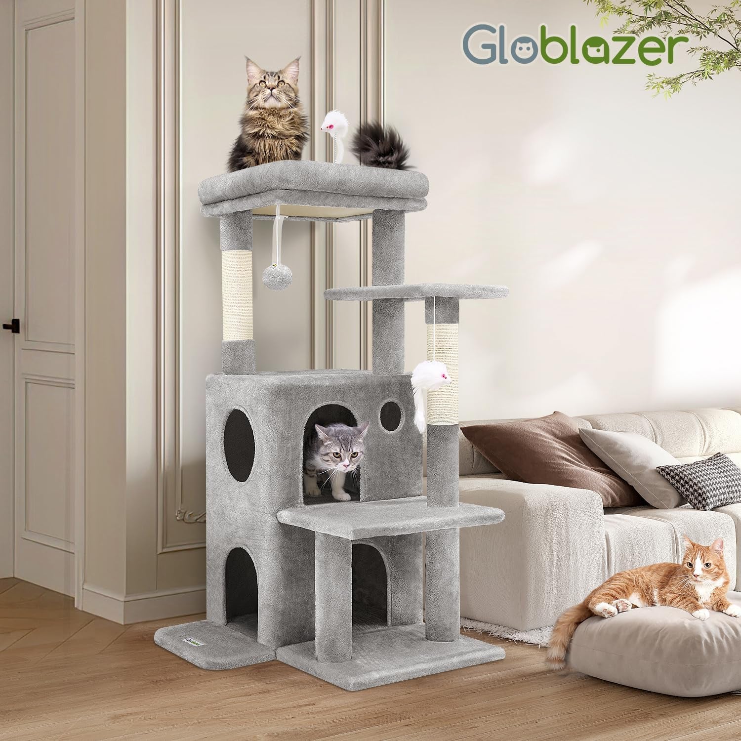 Cat Tree Tower for Indoor Cats, 50-Inch Adult Cat Tree House for Large Adult Cats with Steps, Scratching Post, 2 Cat Caves, Dangling Toys, FC50, Light Grey