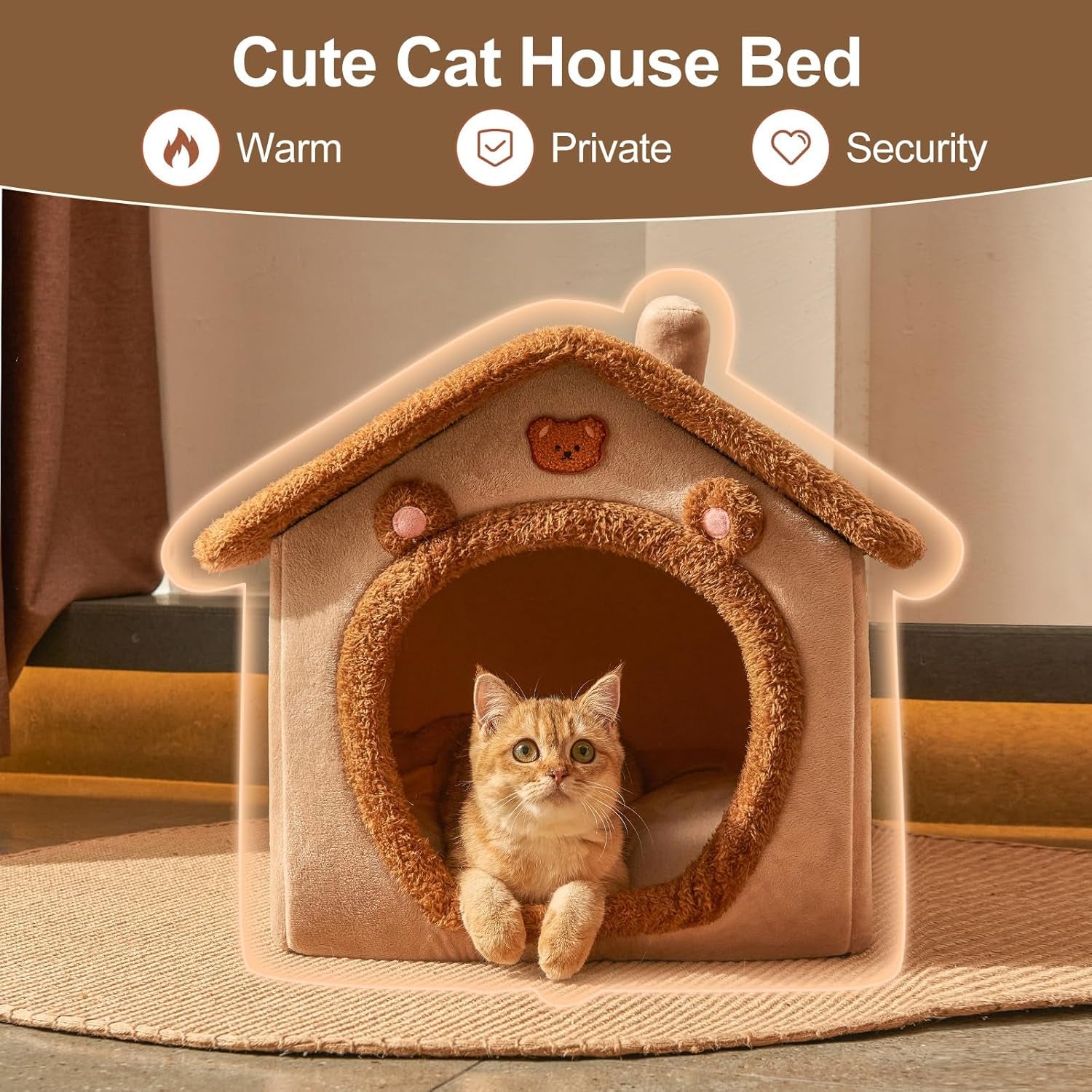 Cute Small Dog House Indoor, Foldable House Kennel Bed Mat with Cushion, L Size Tent up to 25 Lbs, Dog Cave Bed with Non-Slip Bottom, Brown