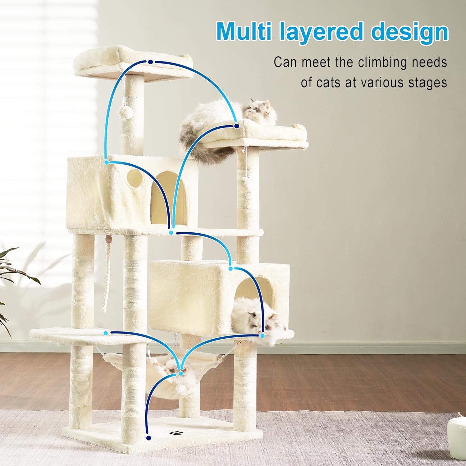 Cat Tree Tower – Multi-Level Condo with Hammock, Scratching Posts & Plush Beds