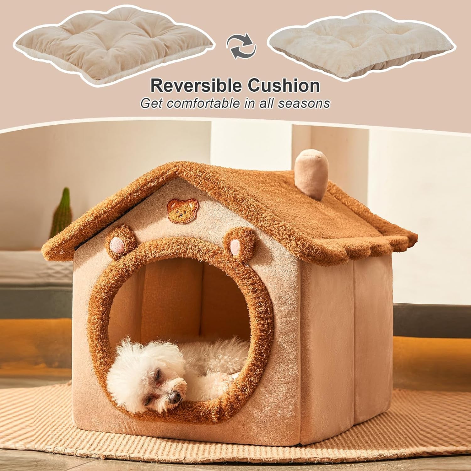 Cute Small Dog House Indoor, Foldable House Kennel Bed Mat with Cushion, L Size Tent up to 25 Lbs, Dog Cave Bed with Non-Slip Bottom, Brown