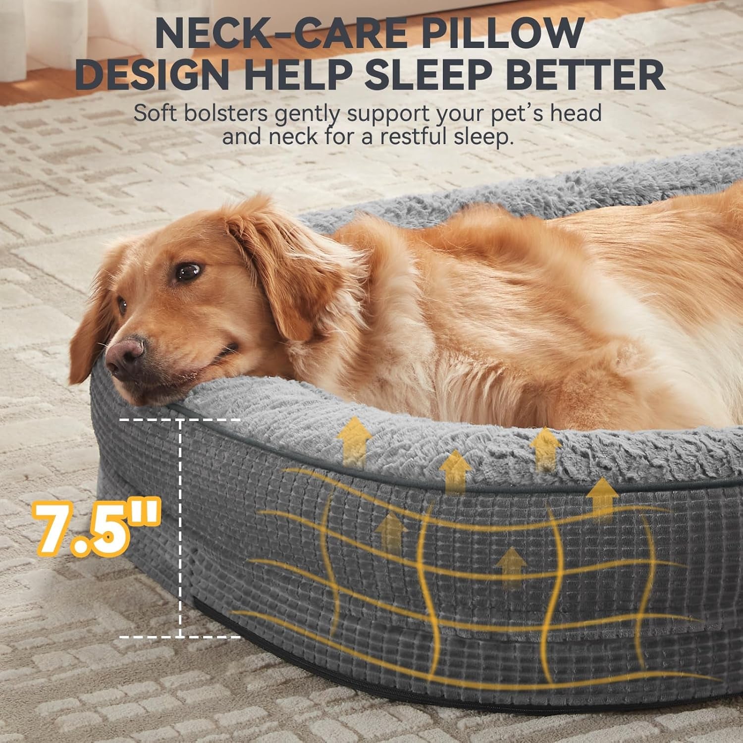 Orthopedic Dog Beds Large Sized Dog, XL Egg-Crate Memory Foam Pet Couch Bed with Bolster Sides, Waterproof Lining, Removable Washable Cover & Non-Slip Bottom, Grey