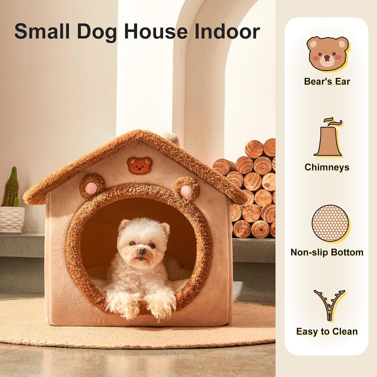 Cute Small Dog House Indoor, Foldable House Kennel Bed Mat with Cushion, L Size Tent up to 25 Lbs, Dog Cave Bed with Non-Slip Bottom, Brown