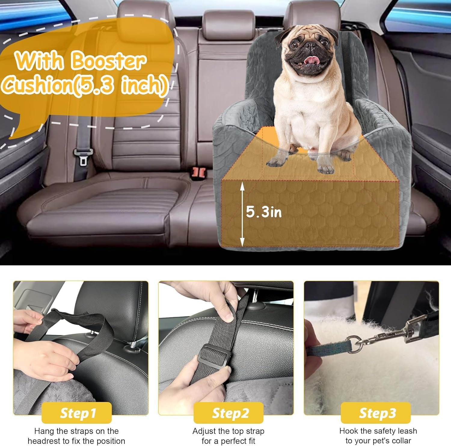Dog Car Seat for Small/Medium Dogs, Memory Foam Dog Booster Seat, Travel Safety per Car Seat with Washable Removable Cover, Storage Pockets for Dogs up to 35 Lbs(Gray)