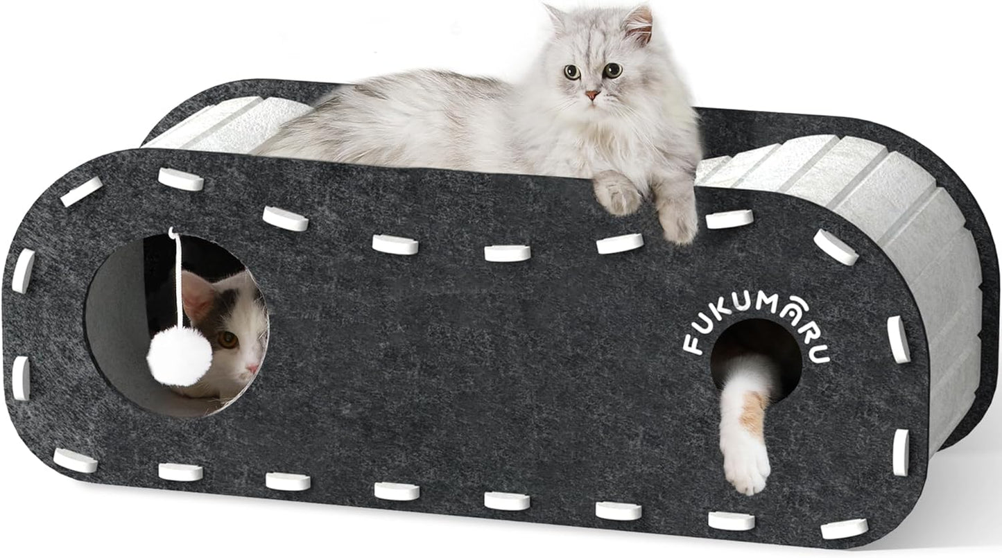 Cat Beds for Indoor Pets, 31.5 Inches Extra-Large Cat Cave for Multi-Pet, Cozy House with Fluffy Ball Hanging, Scratch Resistant Felt Kitten Hideaway Bed, Feline Tunnel, Grey