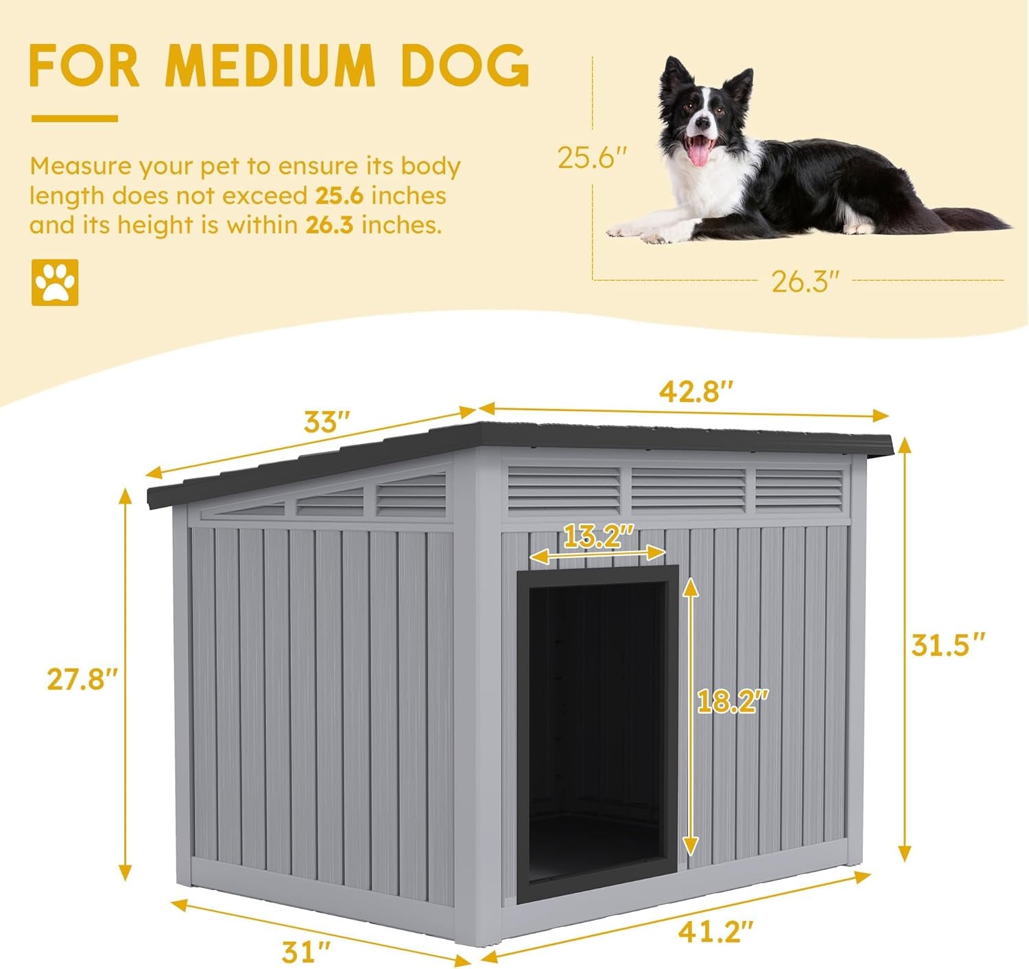 Large Dog House for Indoor & Outdoor - Weatherproof & Removable Roof, Fits Small to Large Dogs (42.8" L X 33" W X 31.5" H) - Grey