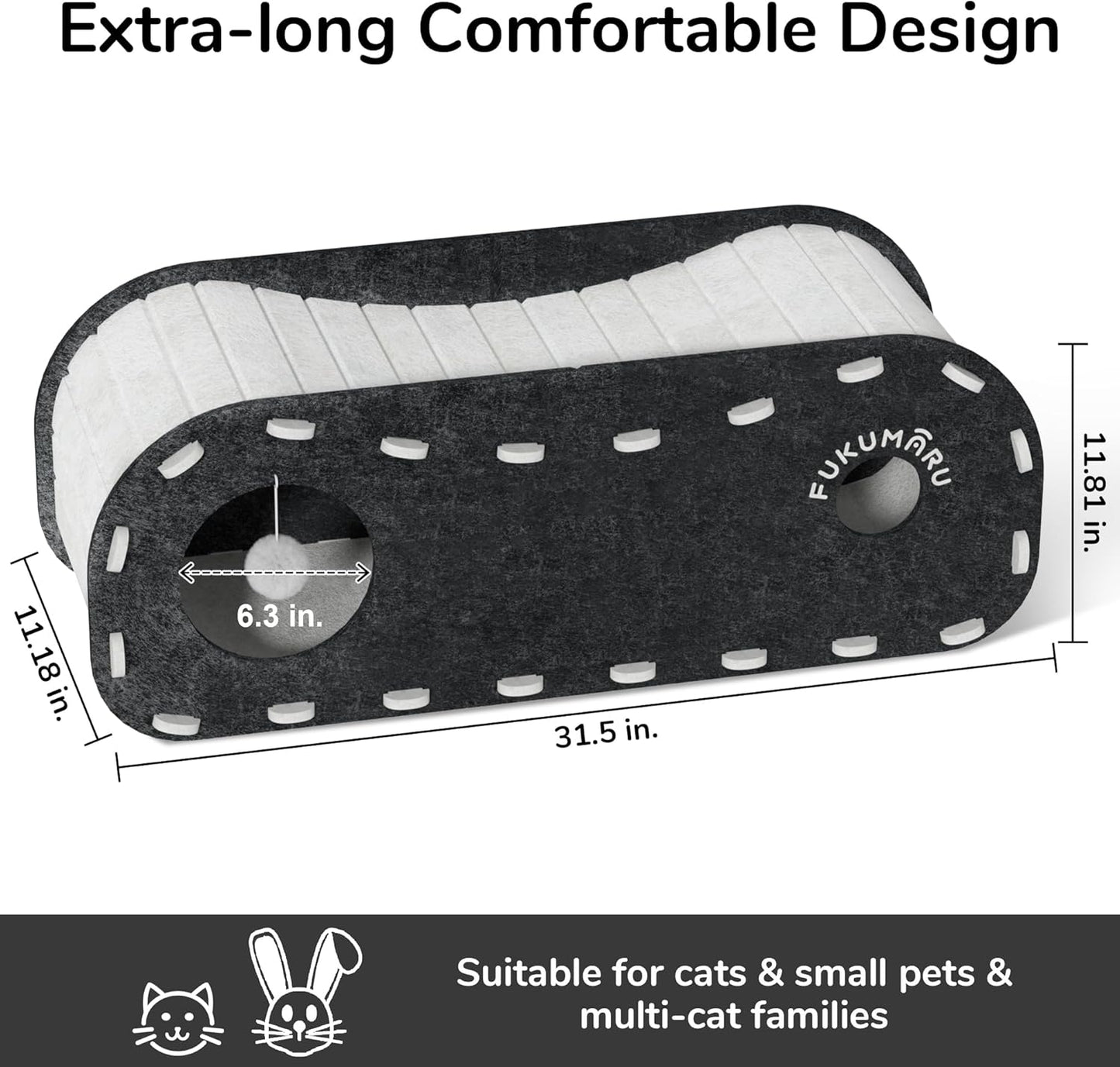 Cat Beds for Indoor Pets, 31.5 Inches Extra-Large Cat Cave for Multi-Pet, Cozy House with Fluffy Ball Hanging, Scratch Resistant Felt Kitten Hideaway Bed, Feline Tunnel, Grey