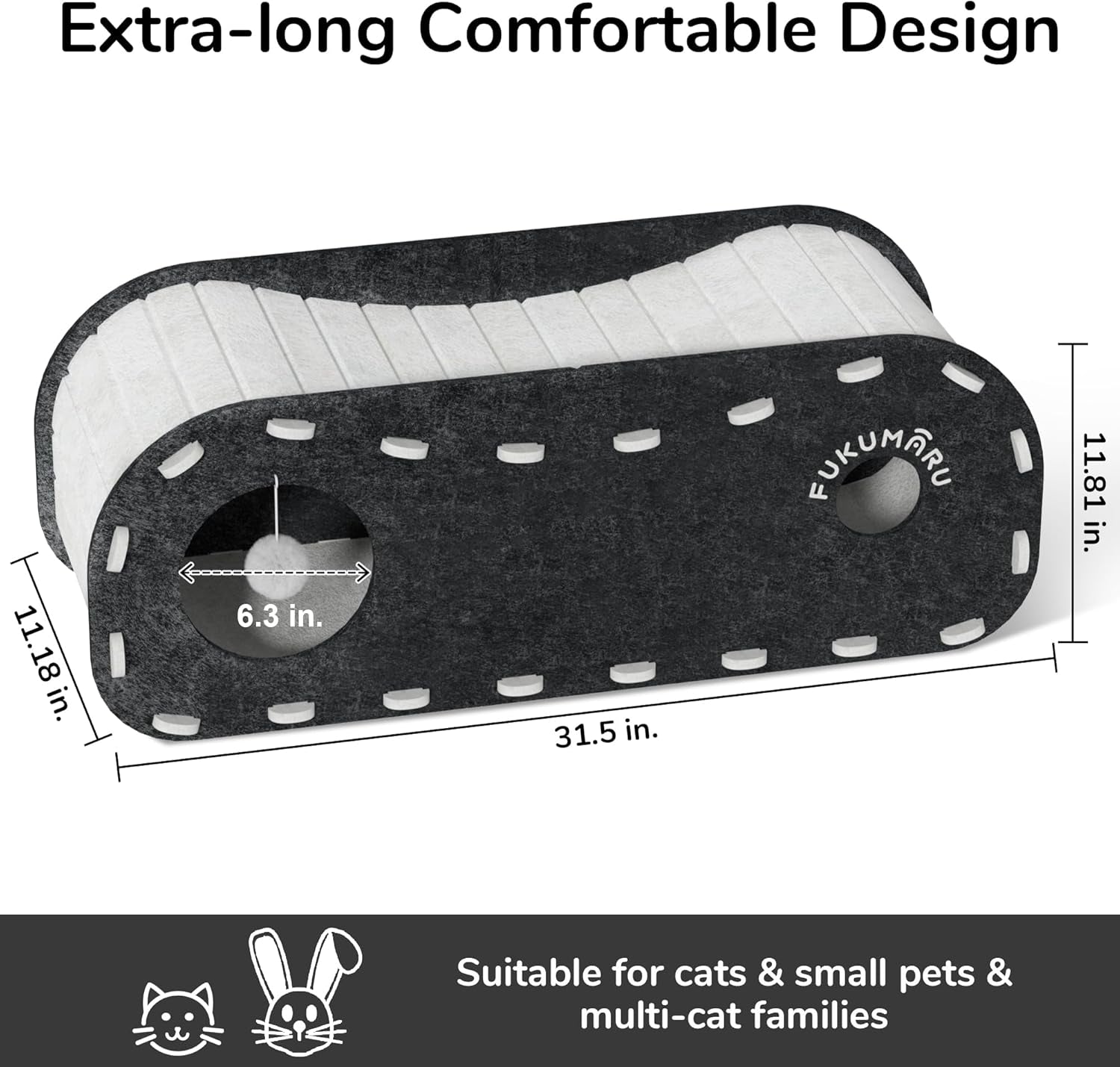 Cat Beds for Indoor Pets, 31.5 Inches Extra-Large Cat Cave for Multi-Pet, Cozy House with Fluffy Ball Hanging, Scratch Resistant Felt Kitten Hideaway Bed, Feline Tunnel, Grey