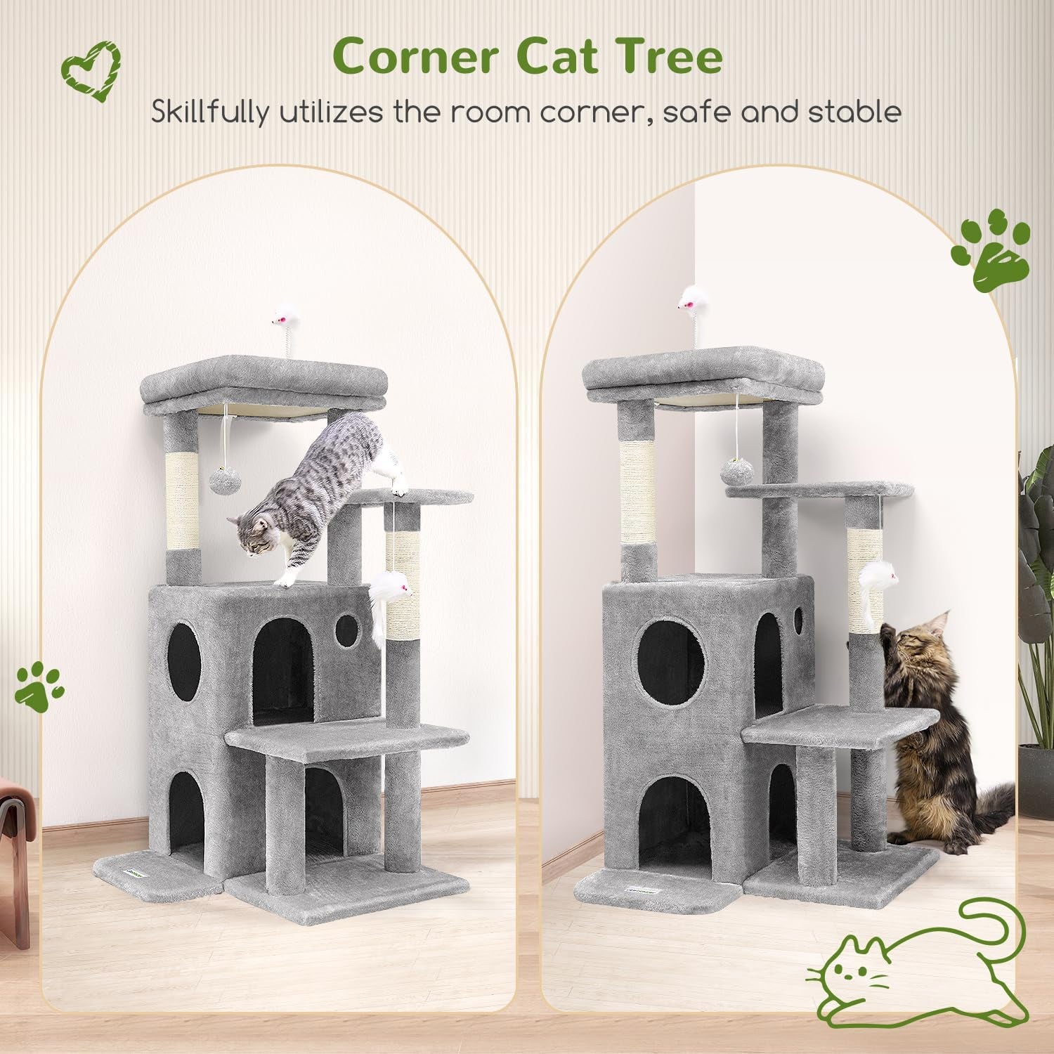 Cat Tree Tower for Indoor Cats, 50-Inch Adult Cat Tree House for Large Adult Cats with Steps, Scratching Post, 2 Cat Caves, Dangling Toys, FC50, Light Grey