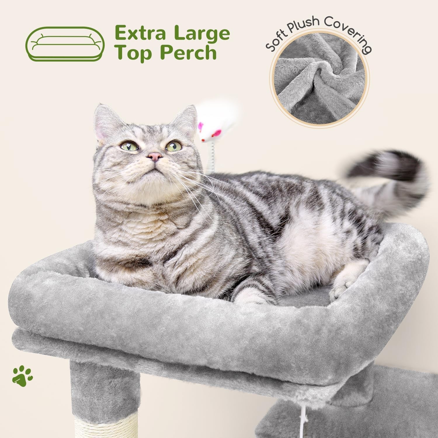Cat Tree Tower for Indoor Cats, 50-Inch Adult Cat Tree House for Large Adult Cats with Steps, Scratching Post, 2 Cat Caves, Dangling Toys, FC50, Light Grey