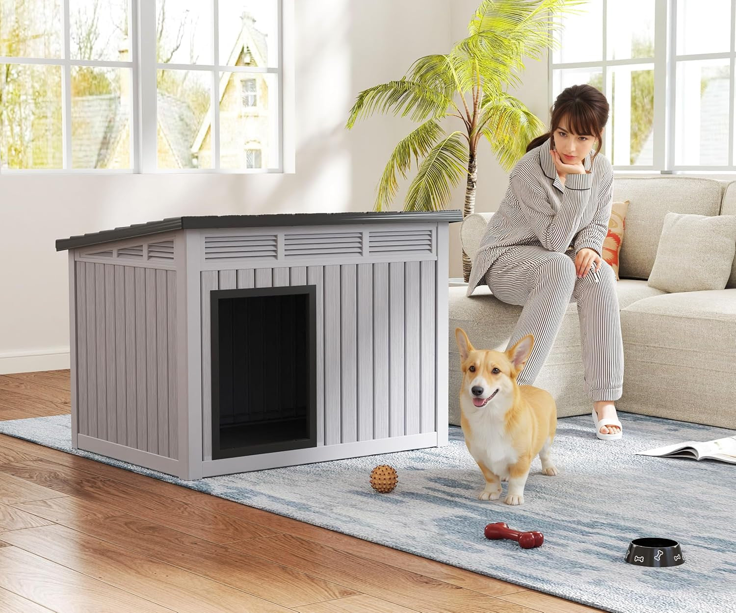 Large Dog House for Indoor & Outdoor - Weatherproof & Removable Roof, Fits Small to Large Dogs (42.8" L X 33" W X 31.5" H) - Grey