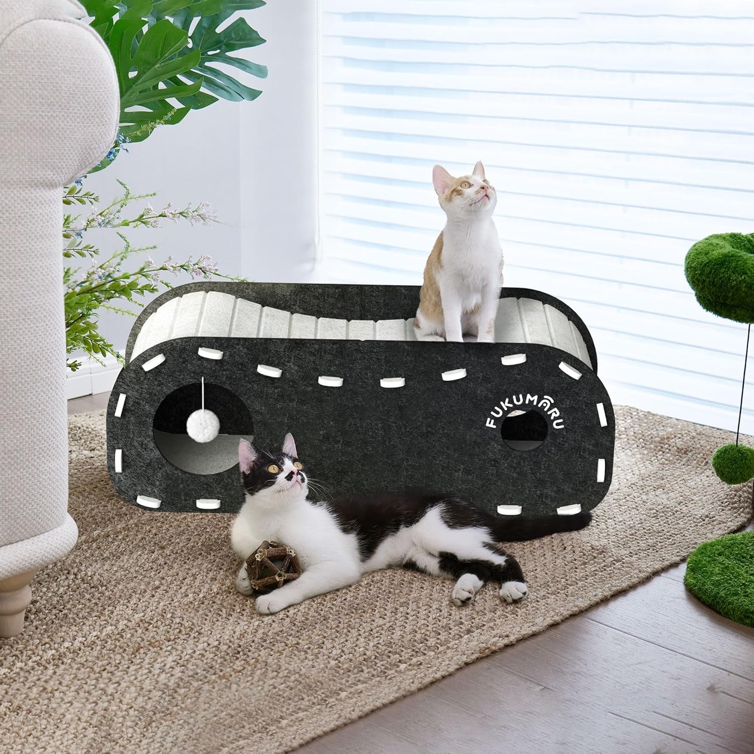 Cat Beds for Indoor Pets, 31.5 Inches Extra-Large Cat Cave for Multi-Pet, Cozy House with Fluffy Ball Hanging, Scratch Resistant Felt Kitten Hideaway Bed, Feline Tunnel, Grey