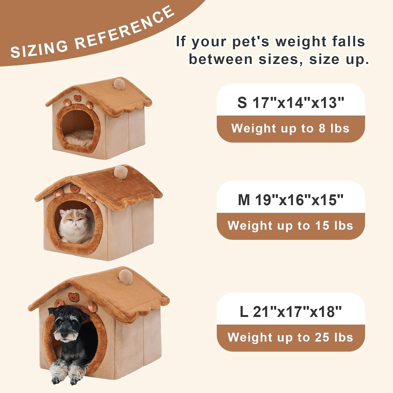 Cute Small Dog House Indoor, Foldable House Kennel Bed Mat with Cushion, L Size Tent up to 25 Lbs, Dog Cave Bed with Non-Slip Bottom, Brown