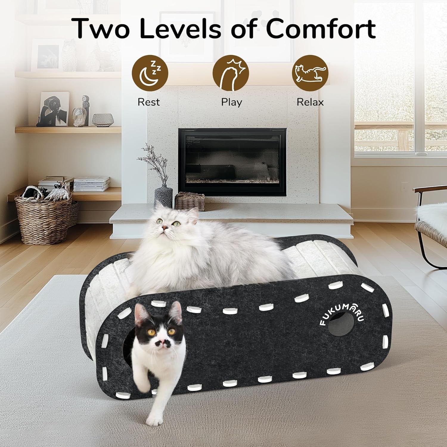 Cat Beds for Indoor Pets, 31.5 Inches Extra-Large Cat Cave for Multi-Pet, Cozy House with Fluffy Ball Hanging, Scratch Resistant Felt Kitten Hideaway Bed, Feline Tunnel, Grey