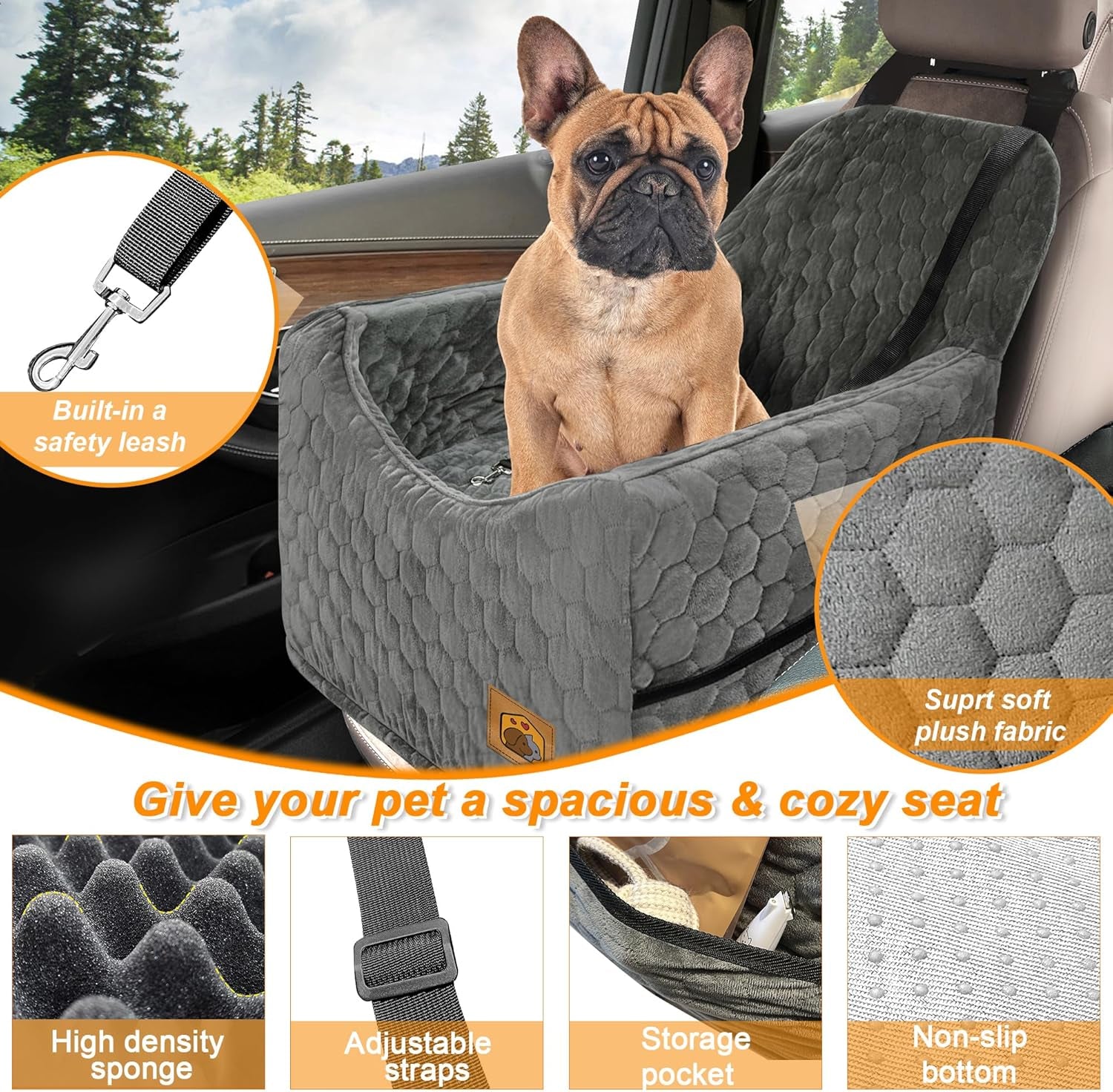 Dog Car Seat for Small/Medium Dogs, Memory Foam Dog Booster Seat, Travel Safety per Car Seat with Washable Removable Cover, Storage Pockets for Dogs up to 35 Lbs(Gray)