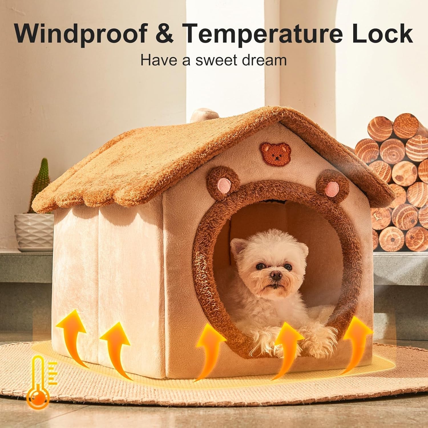 Cute Small Dog House Indoor, Foldable House Kennel Bed Mat with Cushion, L Size Tent up to 25 Lbs, Dog Cave Bed with Non-Slip Bottom, Brown