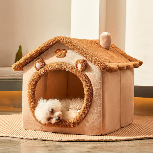 Cute Small Dog House Indoor, Foldable House Kennel Bed Mat with Cushion, L Size Tent up to 25 Lbs, Dog Cave Bed with Non-Slip Bottom, Brown