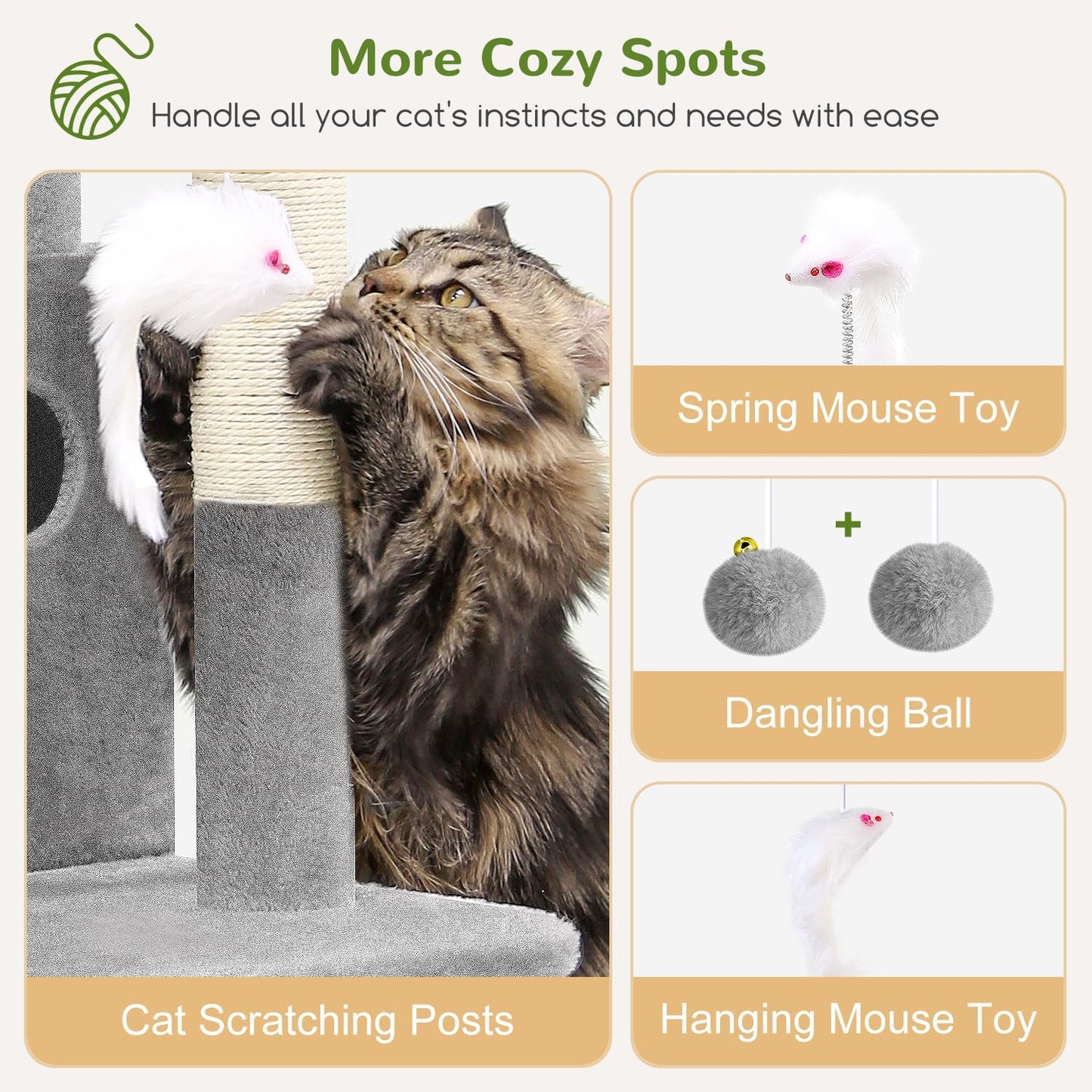 Cat Tree Tower for Indoor Cats, 50-Inch Adult Cat Tree House for Large Adult Cats with Steps, Scratching Post, 2 Cat Caves, Dangling Toys, FC50, Light Grey