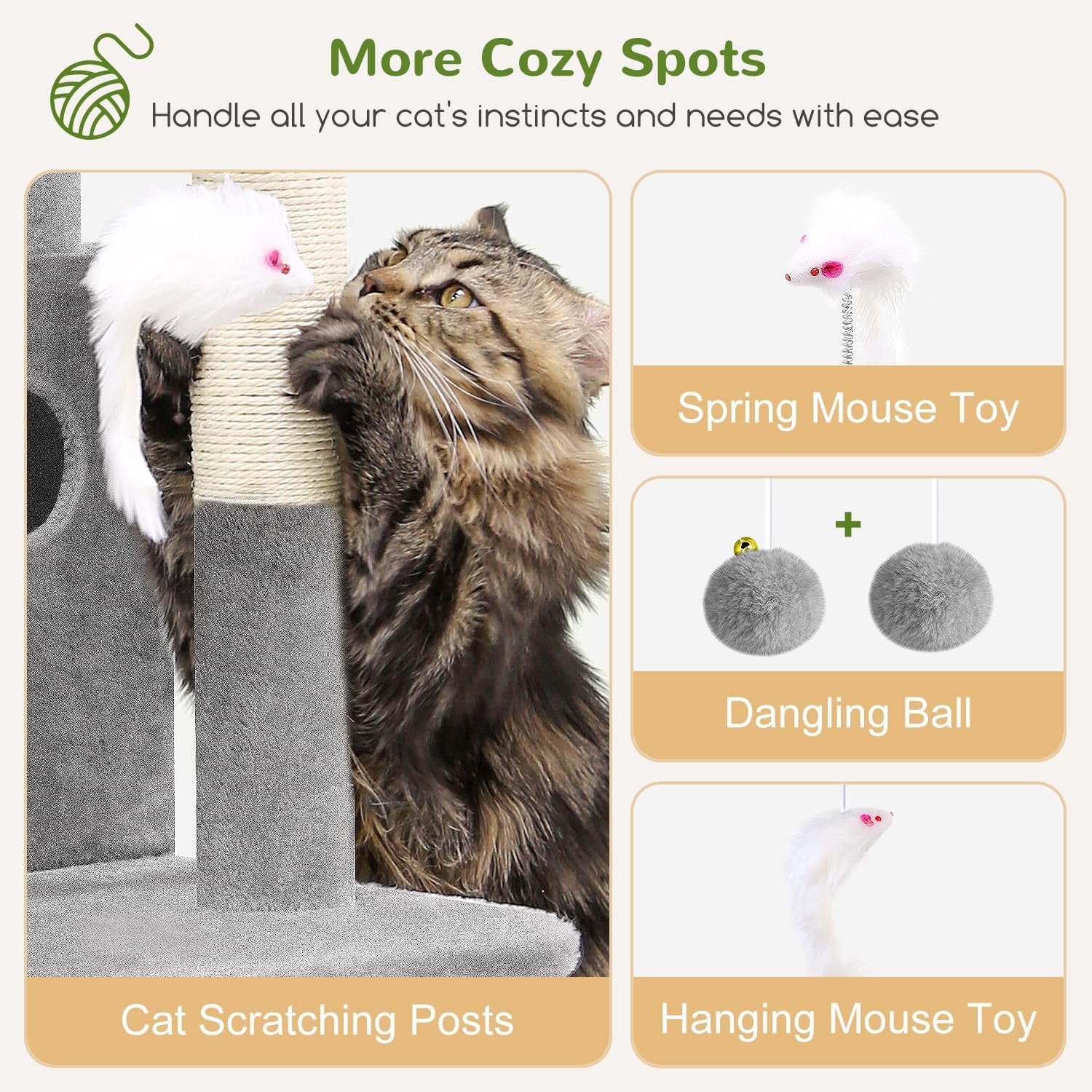 Cat Tree Tower for Indoor Cats, 50-Inch Adult Cat Tree House for Large Adult Cats with Steps, Scratching Post, 2 Cat Caves, Dangling Toys, FC50, Light Grey